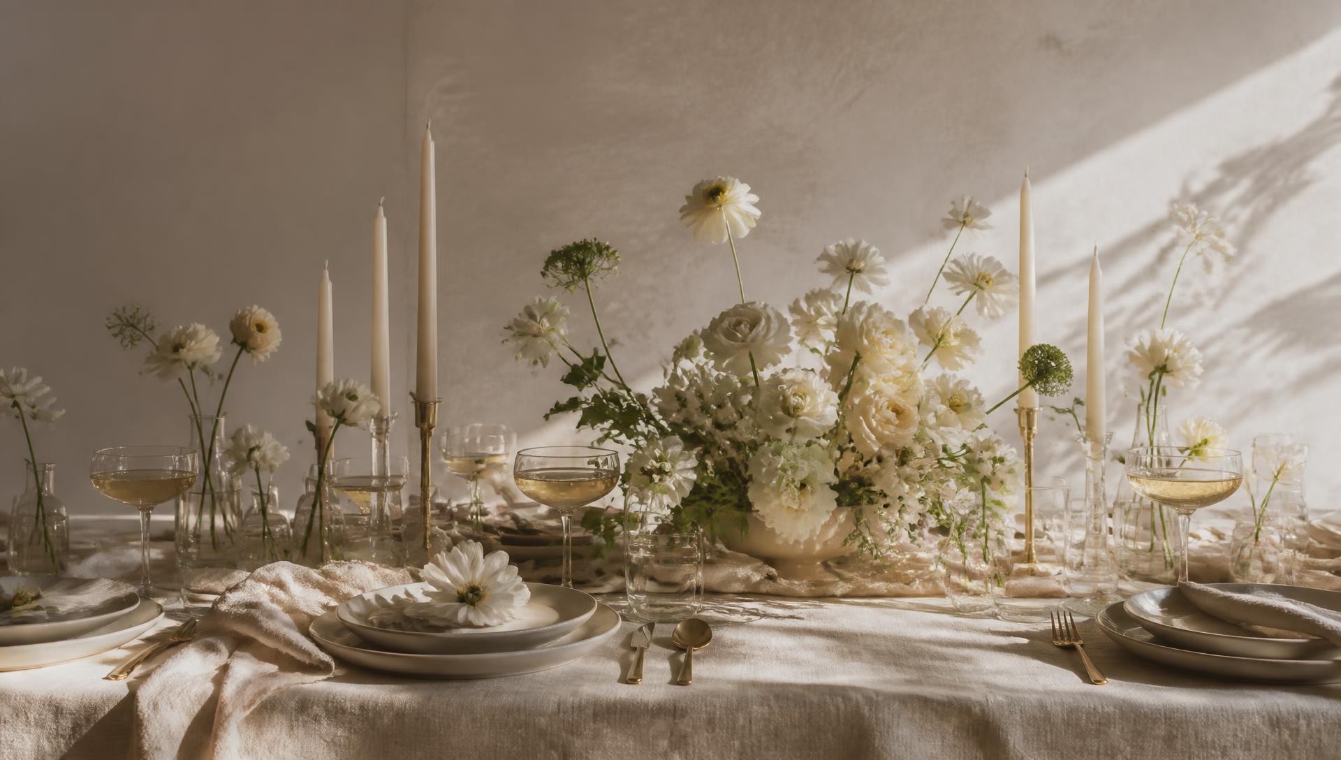 Table de réception en lin avec bougies, coupes de champagne et fleurs blanches