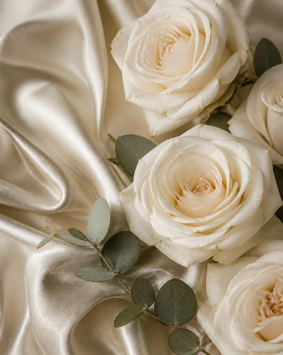 Soie ivoire drapée avec roses crème et eucalyptus