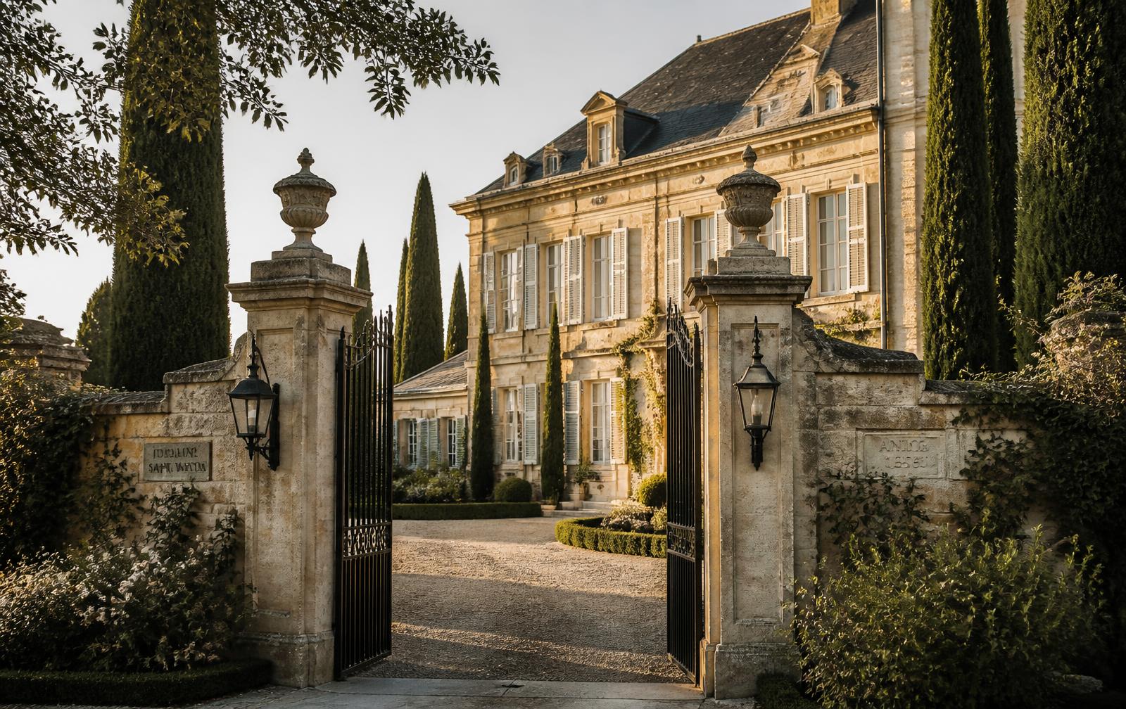 Entrée en pierre du Château Saint-Antoine à la lumière dorée